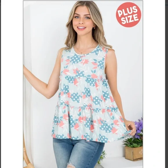 Perfect Peach Plus size floral print pull merrow tank top mint - Picture 1 of 11